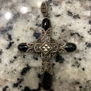 Victorian Elegant Onyx and Sterling Silver Cross Pendant